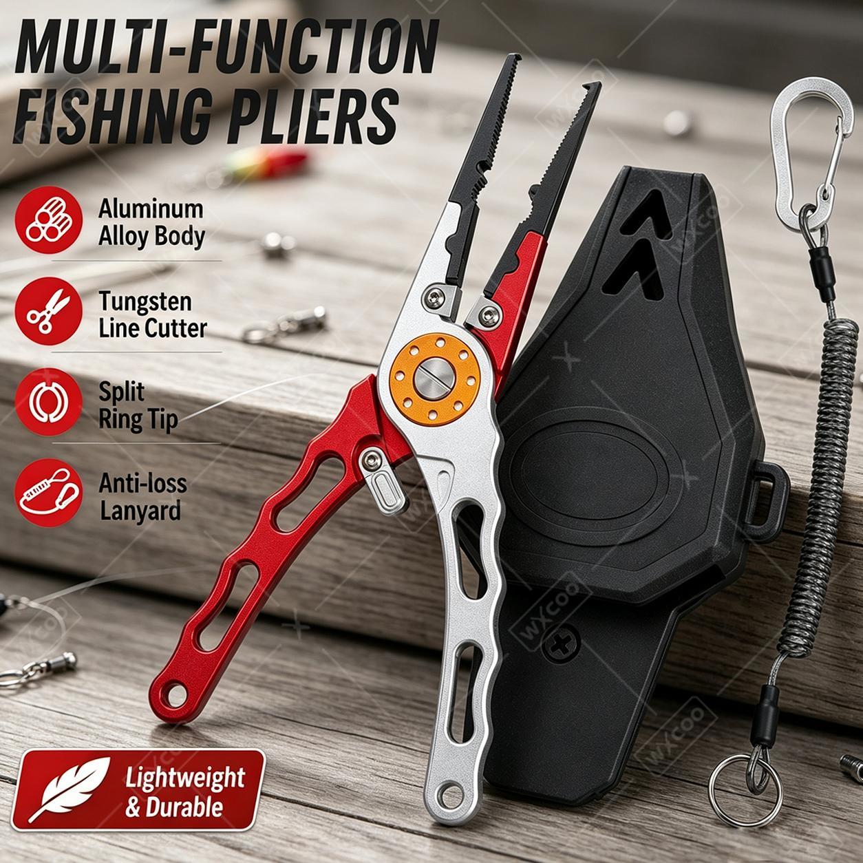 Fishing Hook Remover - คีมตัดสายเบ็ด WXCOO พร้อมที่ถอดตะขอ คีมตัดสายถักทังสเตนคาร์ไบด์ คีมตกปลาอะลูมิเนียม ทนทานต่อน้ำเค็ม