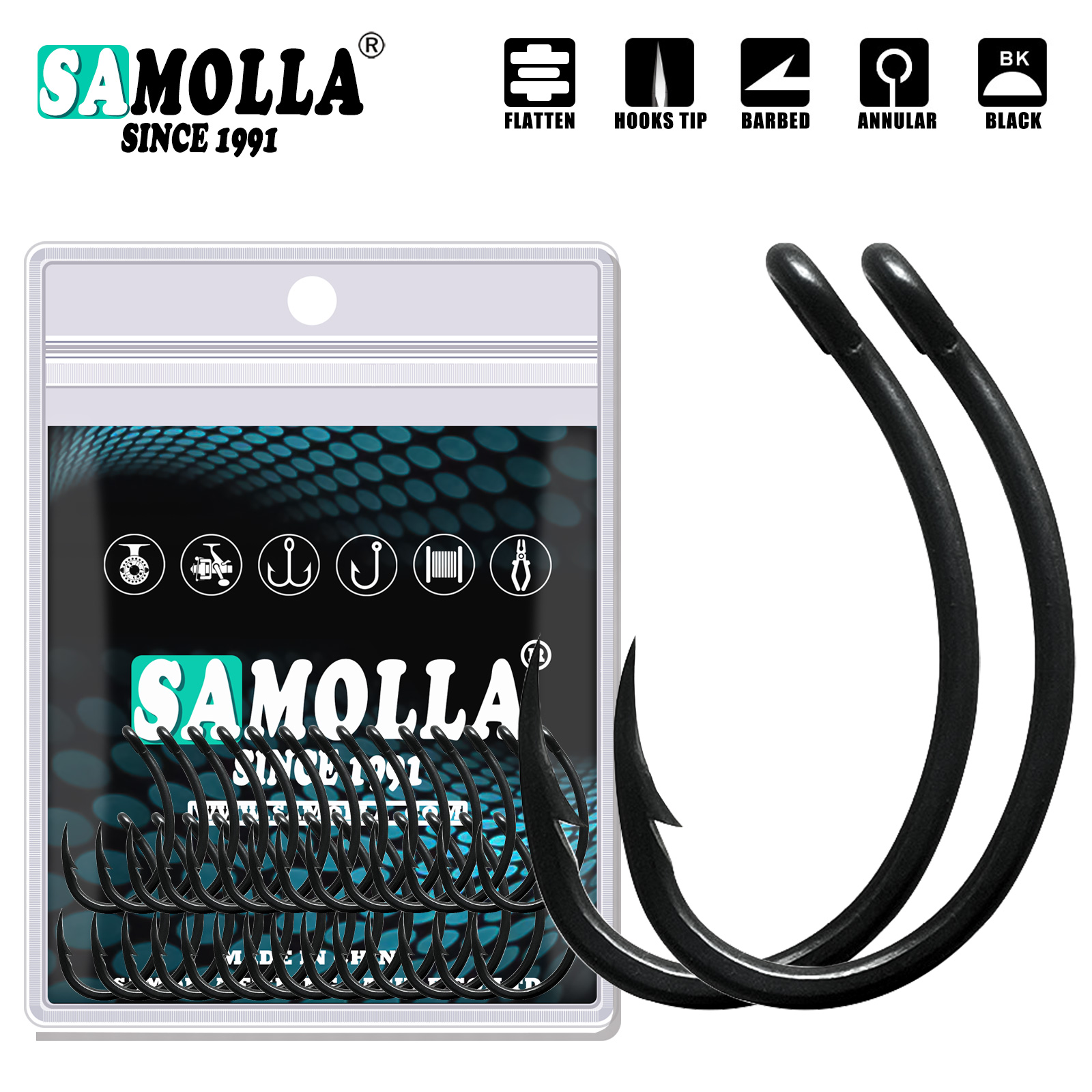 Fishing Hook Circle - 50pcs ปลาคาร์พตะขอตกปลาเคลือบ PTFE สูงคาร์บอนสแตนเลสสตีลตะขอโค้งกว้าง Gape Barbed